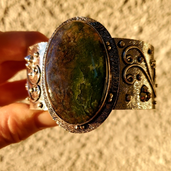 New Indian Moss Agate 925 Silver Cuff Bracelet. - Picture 10 of 16